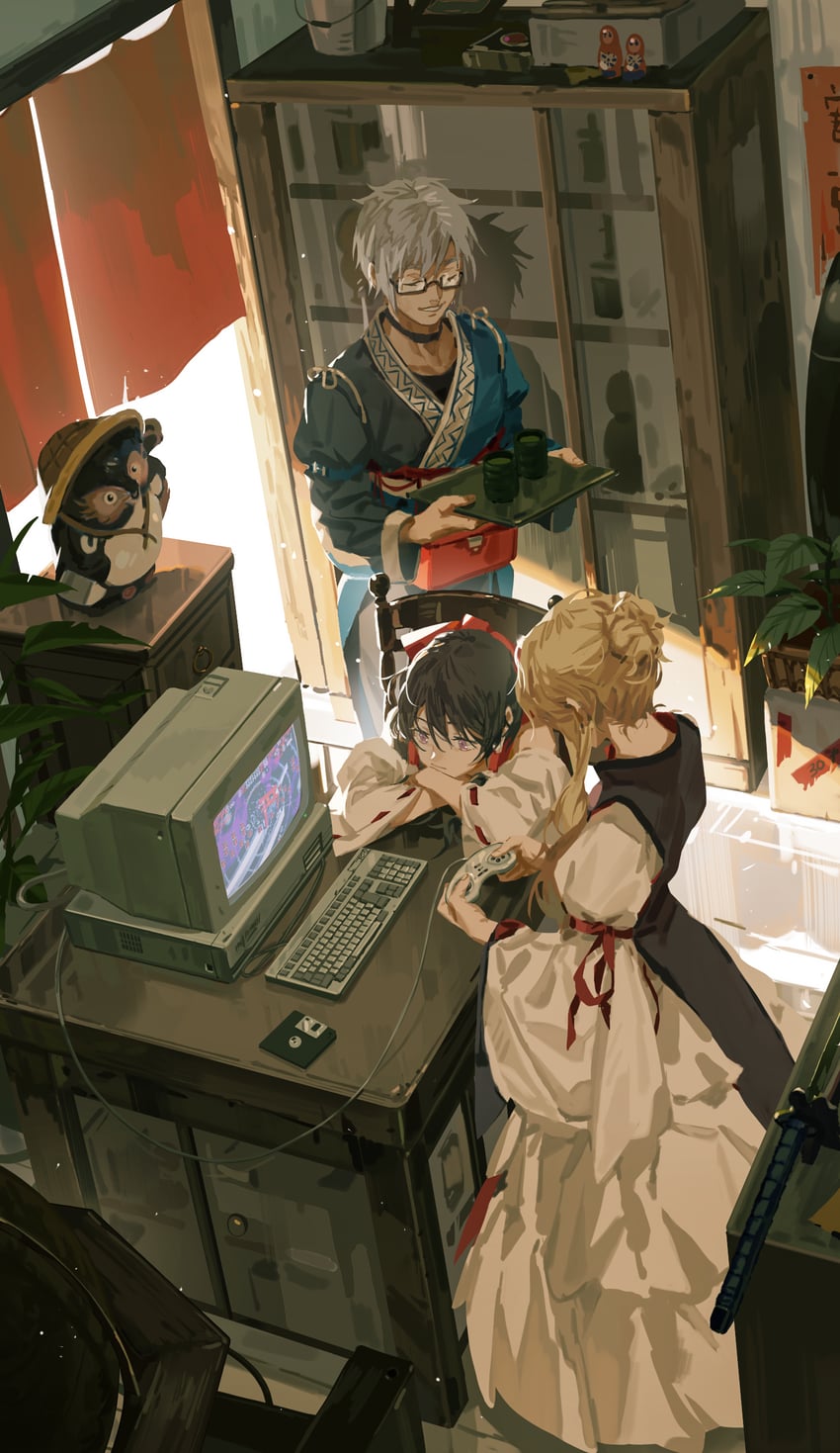 hakurei reimu, yakumo yukari, and morichika rinnosuke (touhou and 1 more) drawn by huang_gua