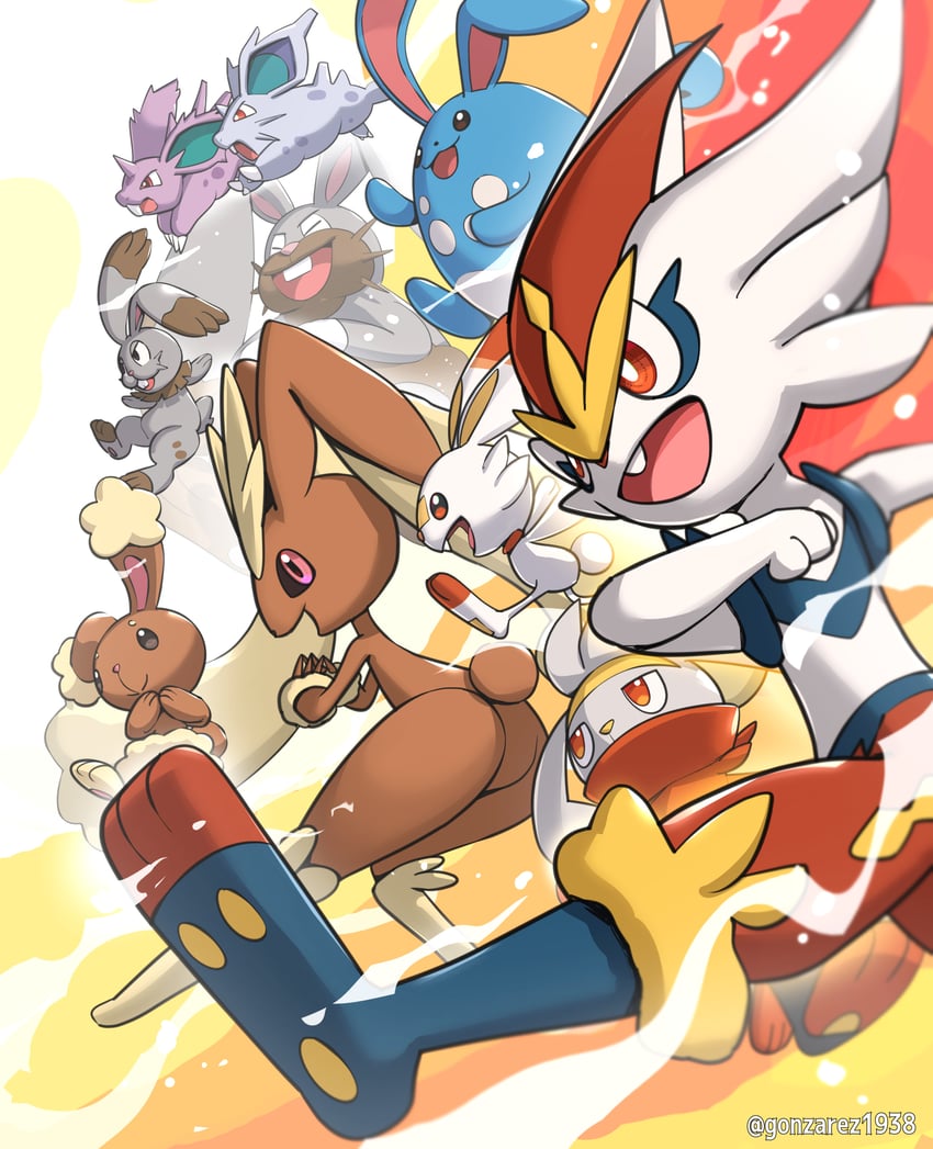 lopunny, scorbunny, cinderace, buneary, azumarill, and 4 more (pokemon) drawn by gonzarez