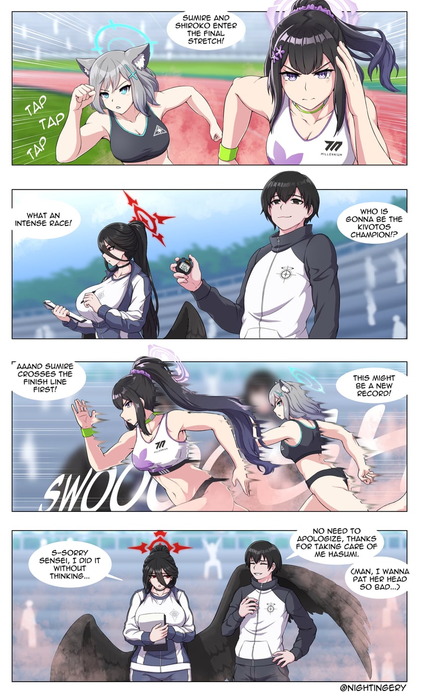 sensei, shiroko, hasumi, and sumire (blue archive) drawn by nightingery