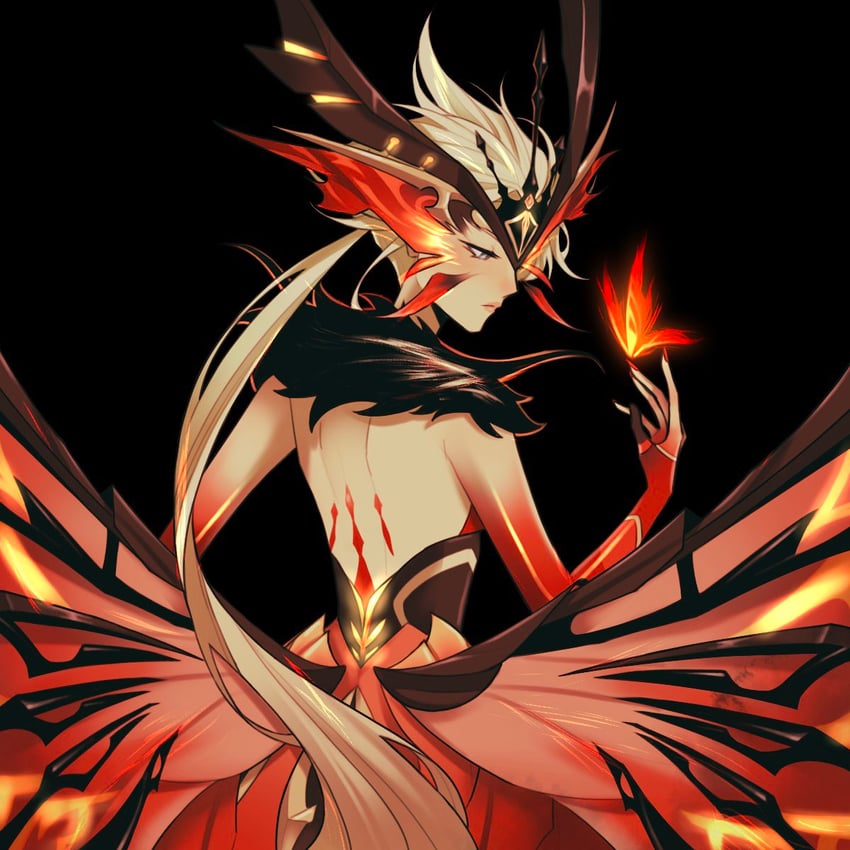 crimson lotus moth and signora (genshin impact) drawn by kunniho