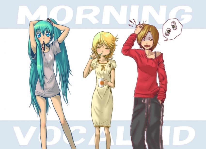 hatsune miku, kagamine rin, and meiko (vocaloid) drawn by hadairo_rainbow