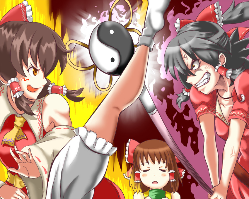 hakurei reimu, kanna, reu, and sananana (touhou and 1 more) drawn by enperuto_(yarumi)