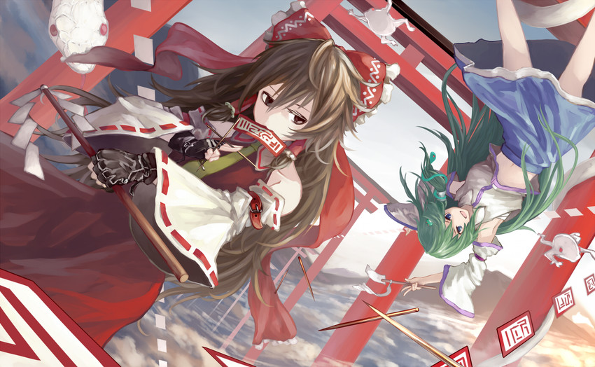 hakurei reimu, kochiya sanae, and mishaguji (touhou) drawn by fujinohara_akihira