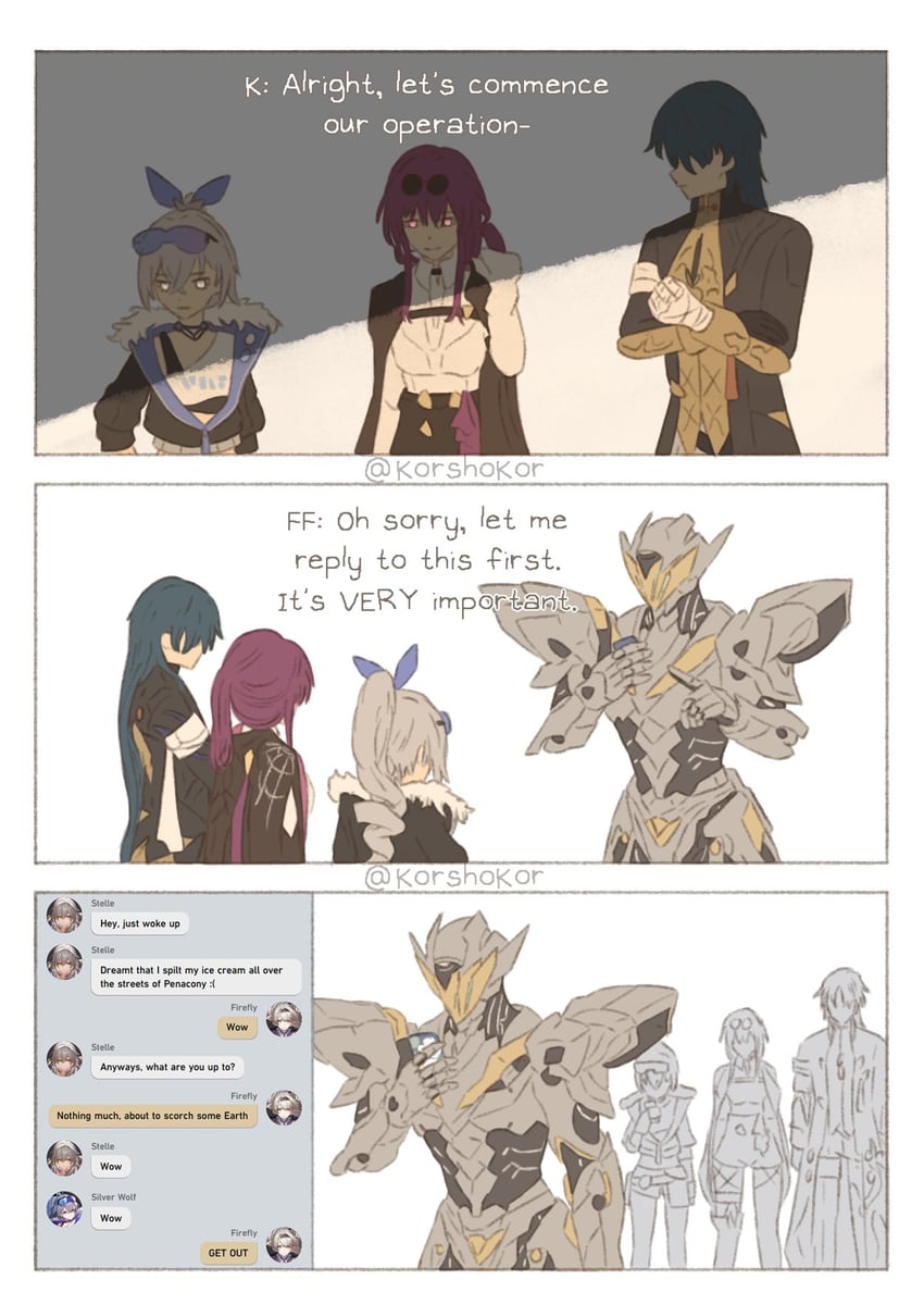 trailblazer, firefly, stelle, kafka, silver wolf, and 2 more (honkai and 1 more) drawn by korshokor
