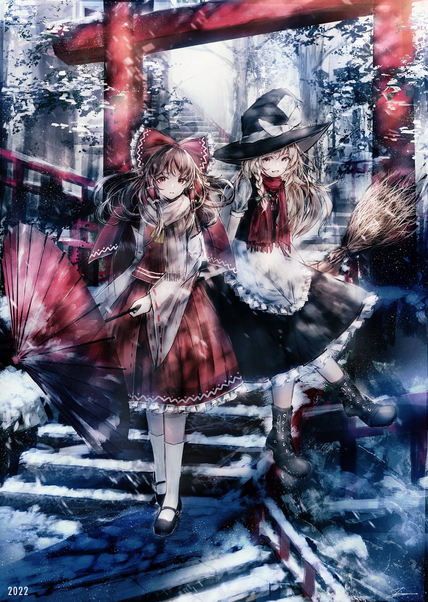 hakurei reimu and kirisame marisa (touhou) drawn by tonan_(l0l0l0l0l0l)