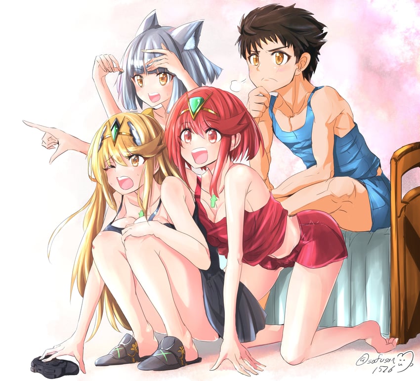 pyra, mythra, nia, and rex (xenoblade chronicles and 1 more) drawn by sofusan1526