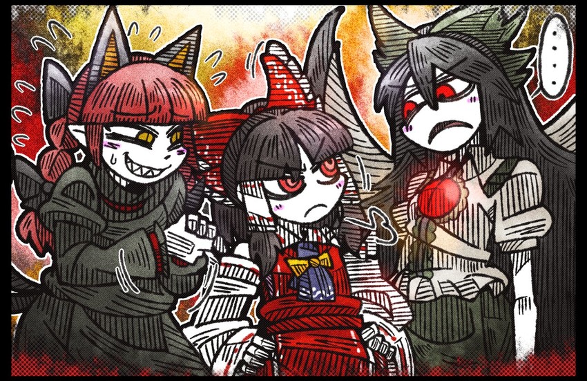 hakurei reimu, kaenbyou rin, and reiuji utsuho (touhou) drawn by suenari_(peace)