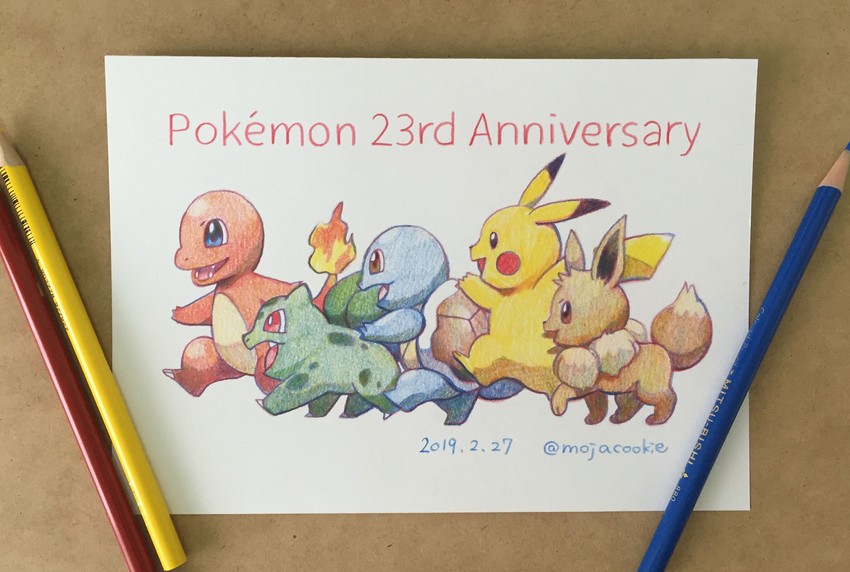 pikachu, eevee, bulbasaur, squirtle, and charmander (pokemon) drawn by mojacookie