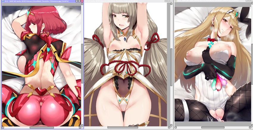 pyra, mythra, and nia (xenoblade chronicles and 1 more) drawn by hews
