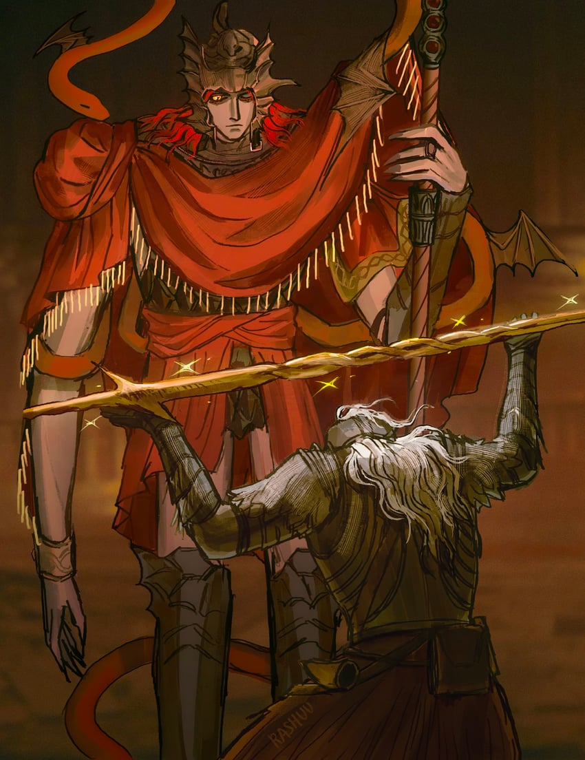tarnished, messmer the impaler, and bloody wolf (elden ring and 1 more) drawn by rashuu