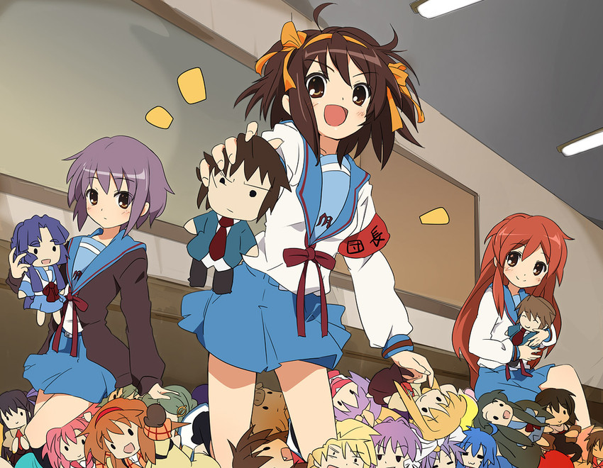 suzumiya haruhi, nagato yuki, hiiragi kagami, izumi konata, asahina mikuru, and 14 more (suzumiya haruhi no yuuutsu and 5 more) drawn by ixy