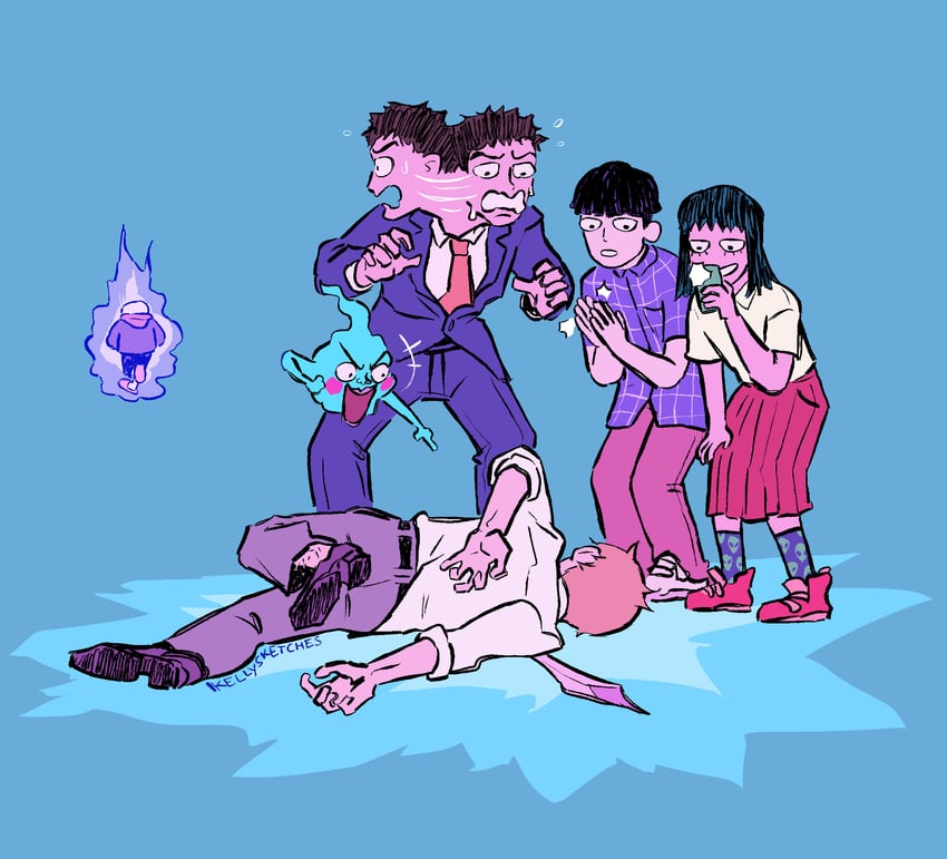 sans, kageyama shigeo, reigen arataka, ekubo, kurata tome, and 1 more (undertale and 1 more) drawn by kellysketches