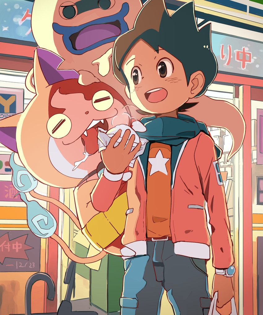 jibanyan, whisper, and amano keita (youkai watch) drawn by besuyama