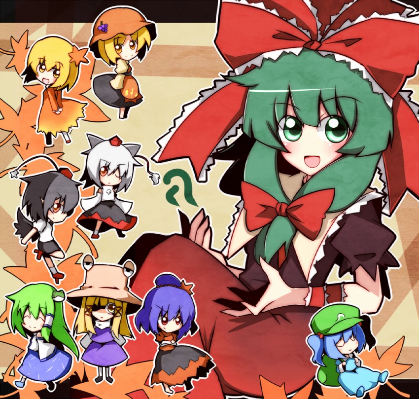 kochiya sanae, shameimaru aya, inubashiri momiji, moriya suwako, kawashiro nitori, and 4 more (touhou and 1 more) drawn by nosada