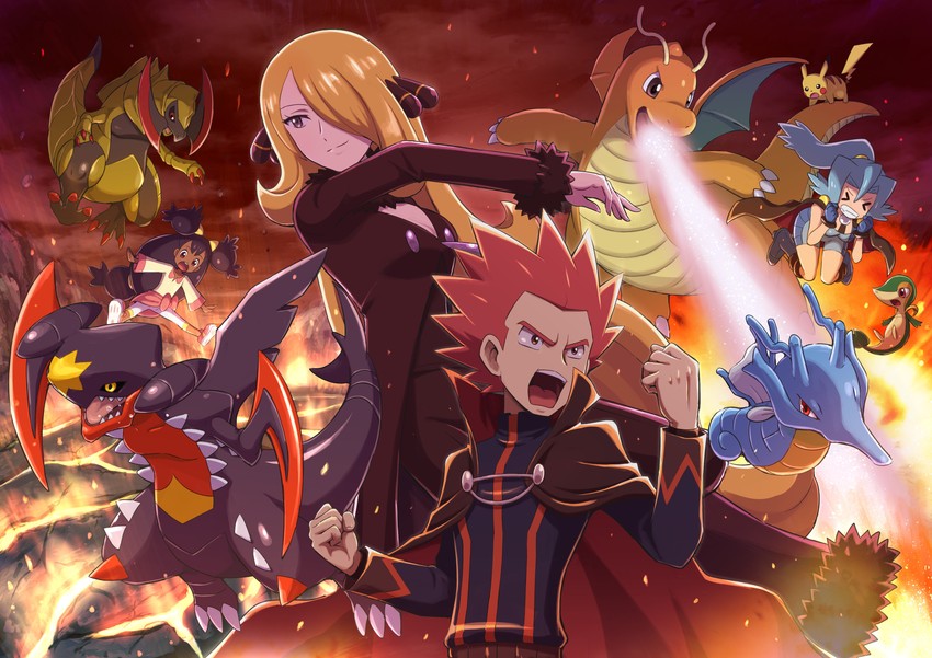 pikachu, cynthia, snivy, iris, garchomp, and 6 more (pokemon and 4 more) drawn by pokemoa