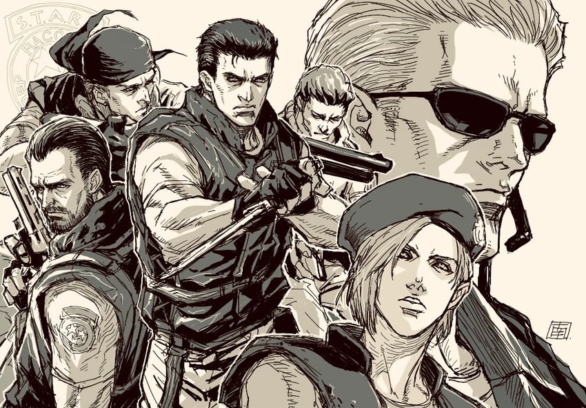 jill valentine, chris redfield, albert wesker, barry burton, brad vickers, and 1 more (resident evil and 1 more) drawn by mahironouno