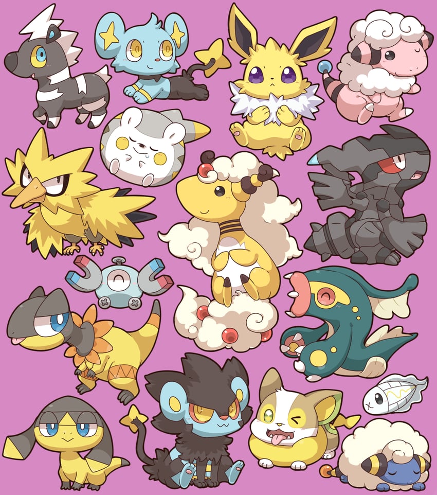 magnemite, jolteon, yamper, ampharos, shinx, and 12 more (pokemon) drawn by 2027_(submarine2027)