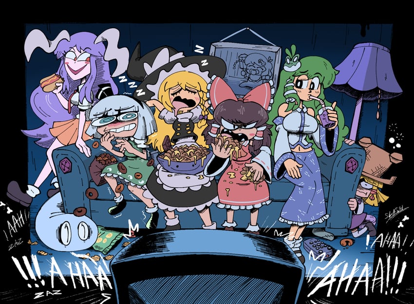 hakurei reimu, kirisame marisa, kochiya sanae, konpaku youmu, reisen udongein inaba, and 1 more (touhou) drawn by kevin_arthur