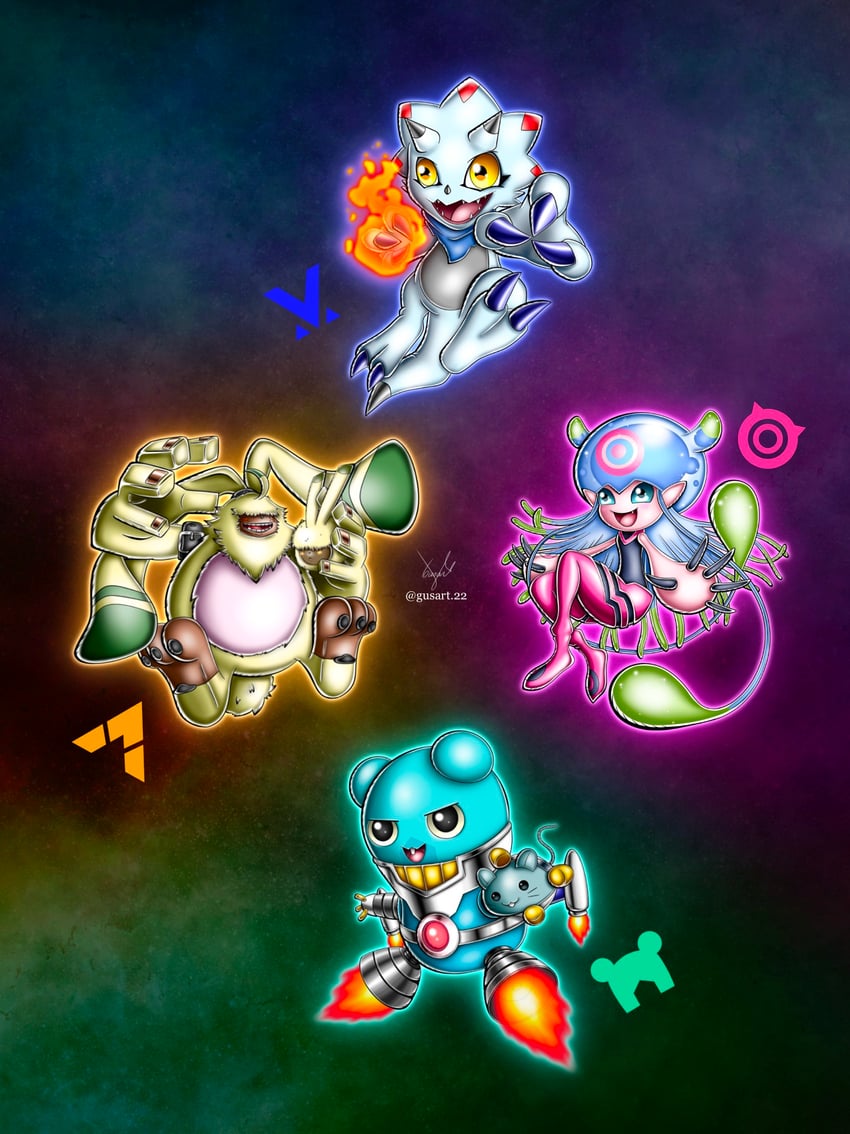 jellymon, gammamon, angoramon, and espimon (digimon and 1 more) drawn by gusart