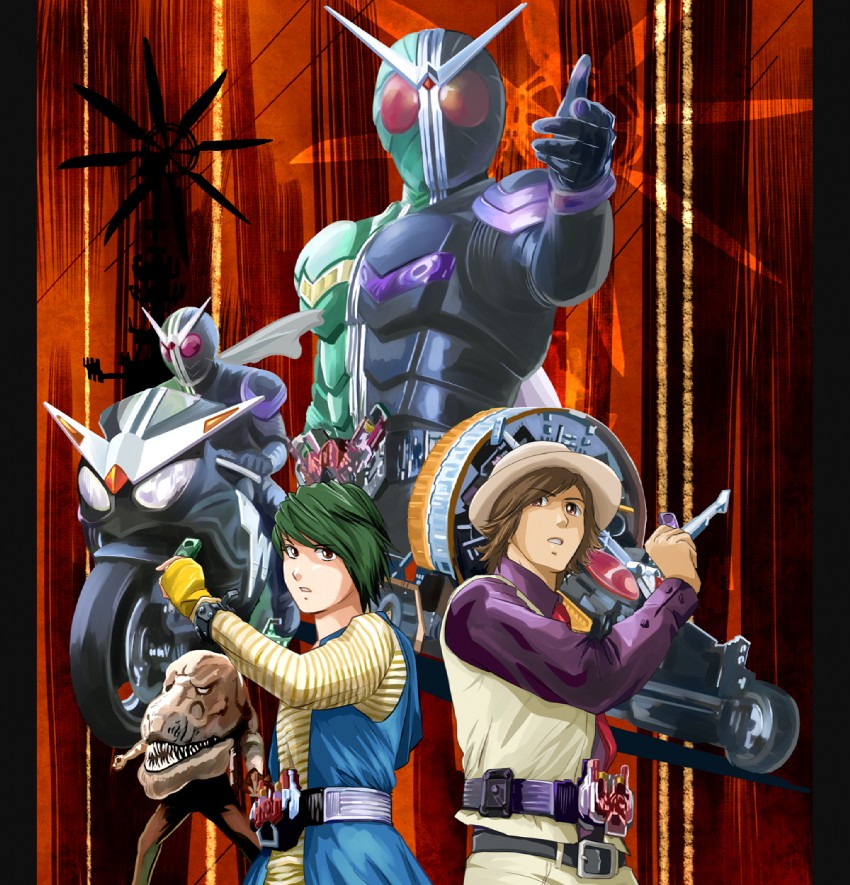 kamen rider double, philip, hidari shoutarou, and t-rex dopant (kamen rider and 1 more) drawn by ashi_ura