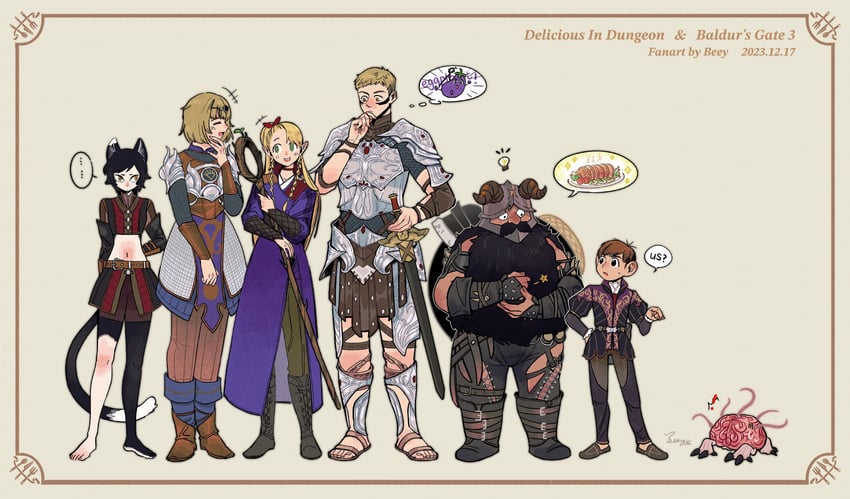 marcille donato, falin touden, laios touden, senshi, chilchuck tims, and 8 more (dungeon meshi and 3 more) drawn by abingbeey