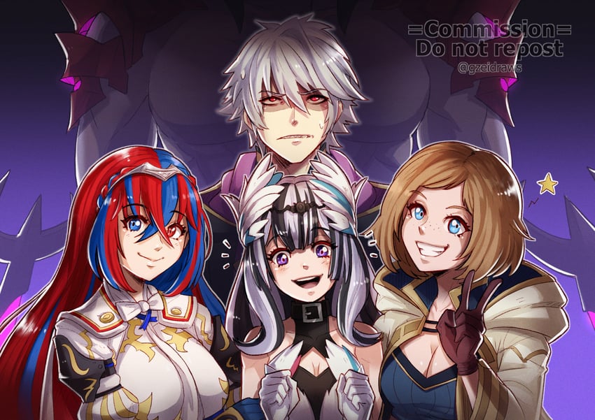 male robin, female alear, kiran, veyle, female kiran, and 1 more (fire emblem and 3 more) drawn by gzei