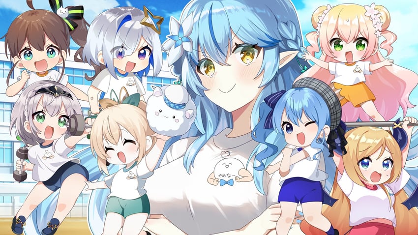 hoshimachi suisei, amane kanata, shirogane noel, yukihana lamy, natsuiro matsuri, and 3 more (hololive) drawn by hutaba_haru