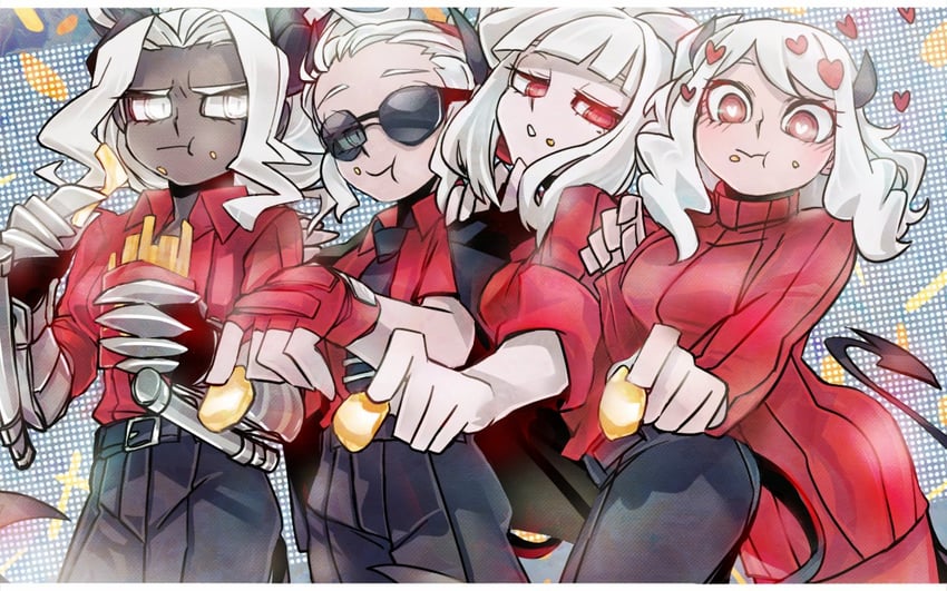 lucifer, modeus, justice, and judgement (helltaker and 1 more) drawn by sennmannkai2929