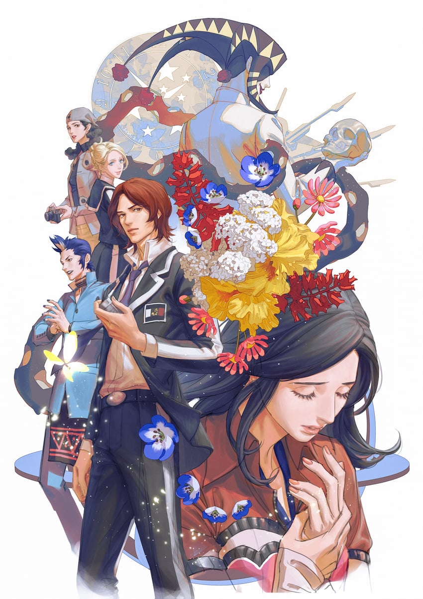 suou tatsuya, amano maya, lisa silverman, mishina eikichi, mayuzumi yukino, and 1 more (persona and 2 more) drawn by qingxingzhen
