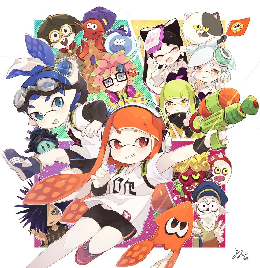 inkling player character, inkling girl, callie, marie, inkling boy, and 13 more (splatoon and 1 more) drawn by ika_esu