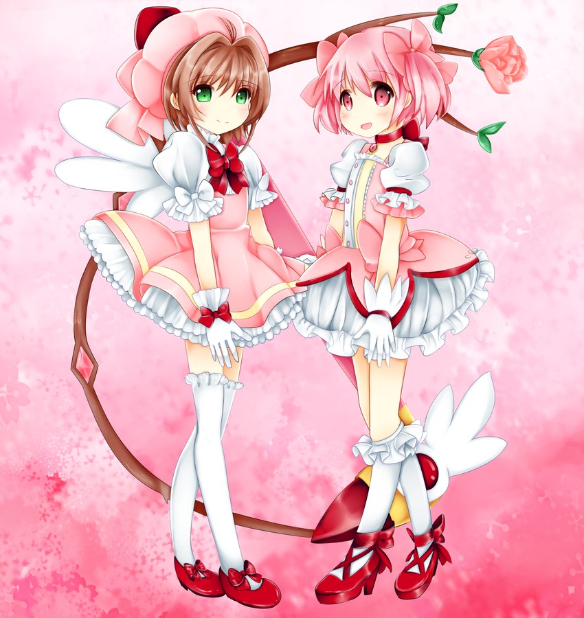 kaname madoka and kinomoto sakura (mahou shoujo madoka magica and 1 more) drawn by maki65