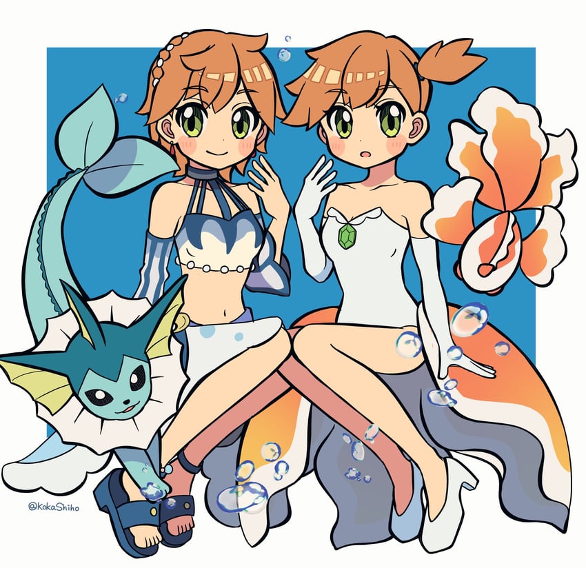 misty, vaporeon, and goldeen (pokemon and 1 more) drawn by kokashiho