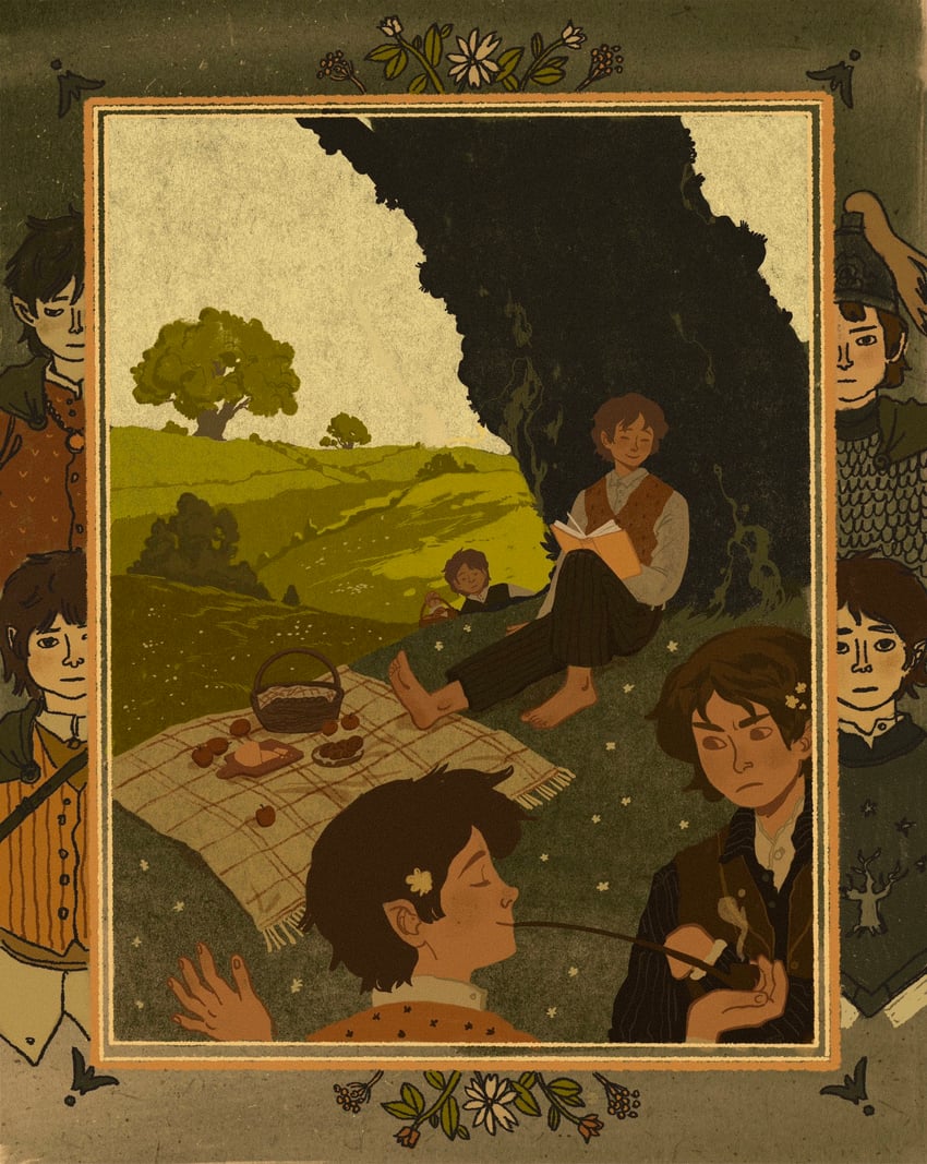 frodo baggins, samwise gamgee, peregrin took, and meriadoc brandybuck (tolkien's legendarium and 1 more) drawn by yaroslava_murashko