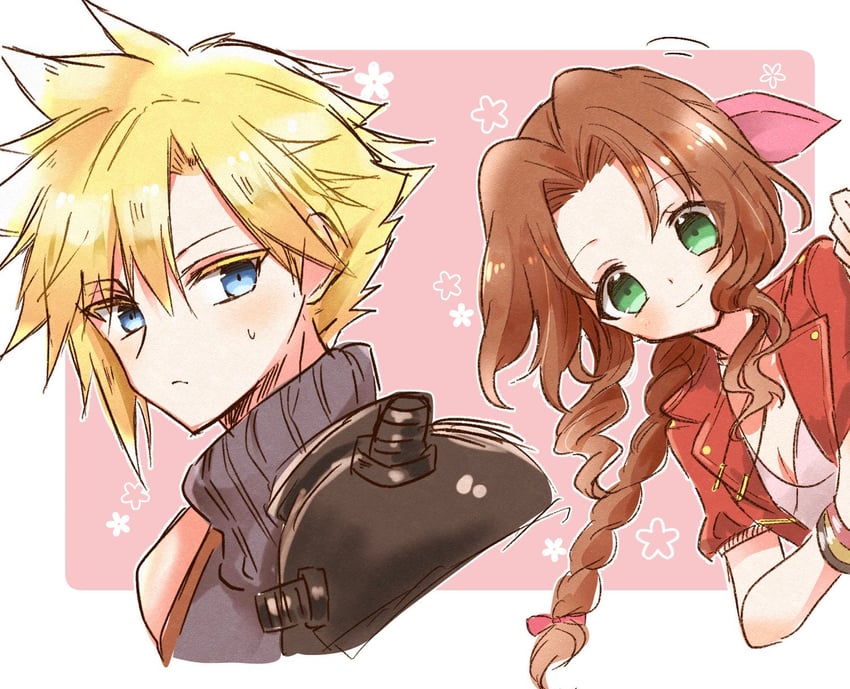 cloud strife and aerith gainsborough (final fantasy and 2 more) drawn by kira0902