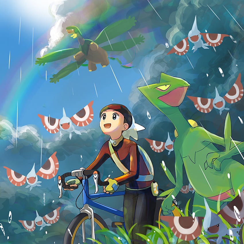 brendan, sceptile, tropius, and masquerain (pokemon and 1 more) drawn by popcorn_91