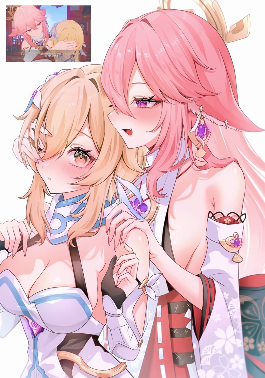 lumine and yae miko (genshin impact) drawn by nyamo-lv0