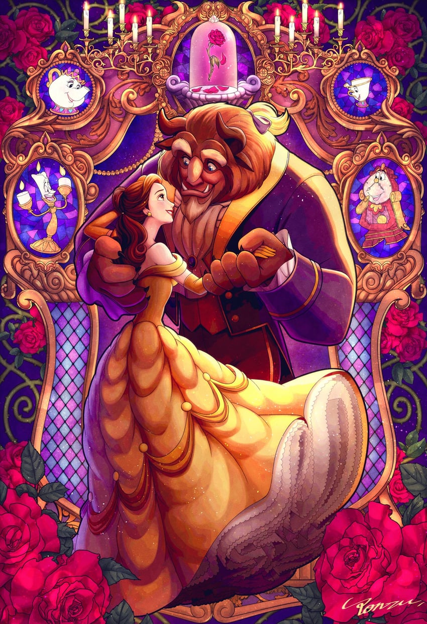 belle, beast, mrs. potts, chip potts, lumiere, and 1 more (beauty and the beast) drawn by ponsu_(ponzuxponzu)