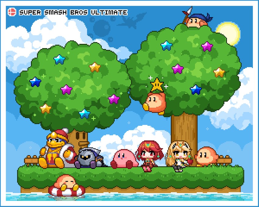 pyra, kirby, meta knight, waddle dee, king dedede, and 6 more (mario and 4 more) drawn by redforge