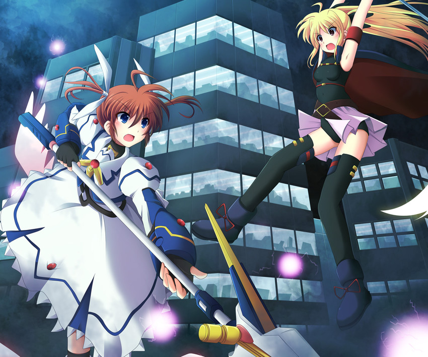 fate testarossa, takamachi nanoha, raising heart, and bardiche (lyrical nanoha and 2 more) drawn by cross_(crossryou)
