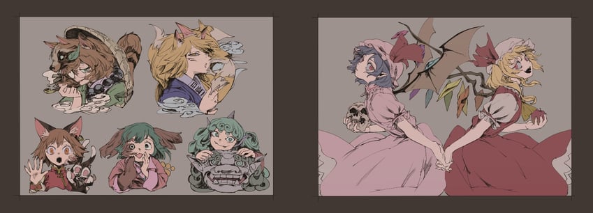 remilia scarlet, flandre scarlet, yakumo ran, chen, kasodani kyouko, and 2 more (touhou) drawn by kijima_(amayadori-tei)