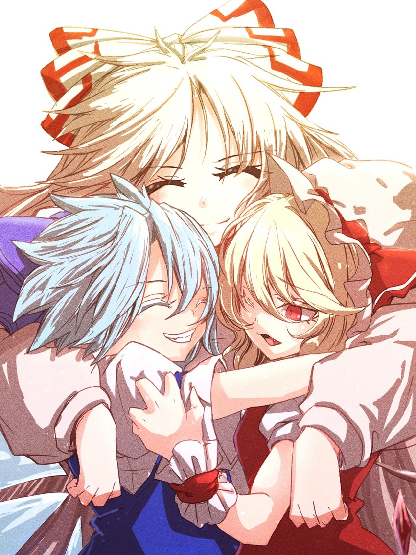 flandre scarlet, cirno, and fujiwara no mokou (touhou) drawn by darjeeling_(reley)