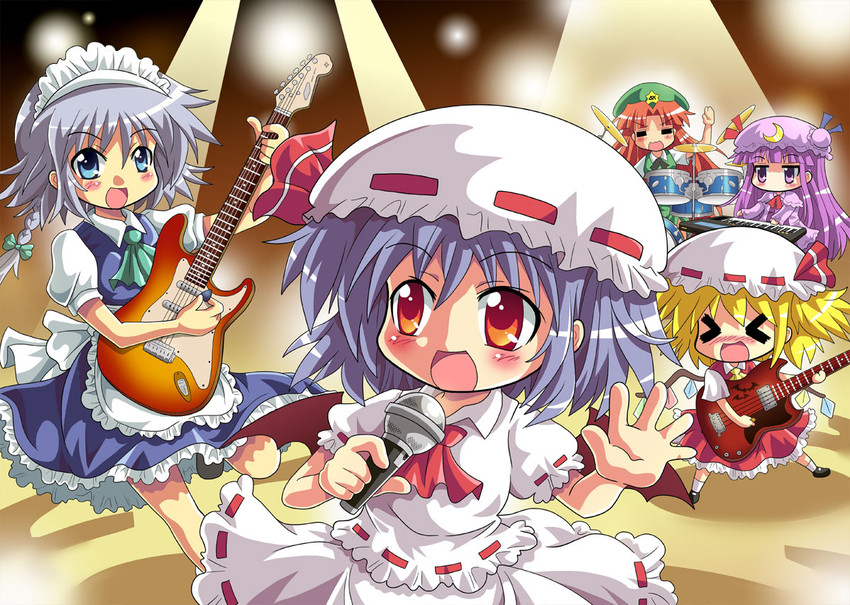 remilia scarlet, flandre scarlet, izayoi sakuya, patchouli knowledge, and hong meiling (touhou) drawn by colonel_aki