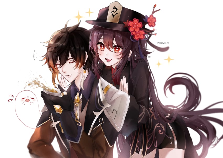 hu tao, zhongli, and boo tao (genshin impact) drawn by kity1211_tetsu