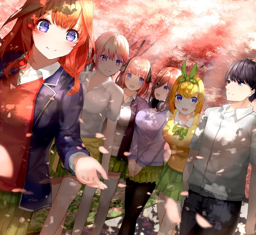 nakano nino, nakano miku, nakano yotsuba, nakano itsuki, nakano ichika, and 1 more (go-toubun no hanayome) drawn by shiranui_(nisioisin_sinob)