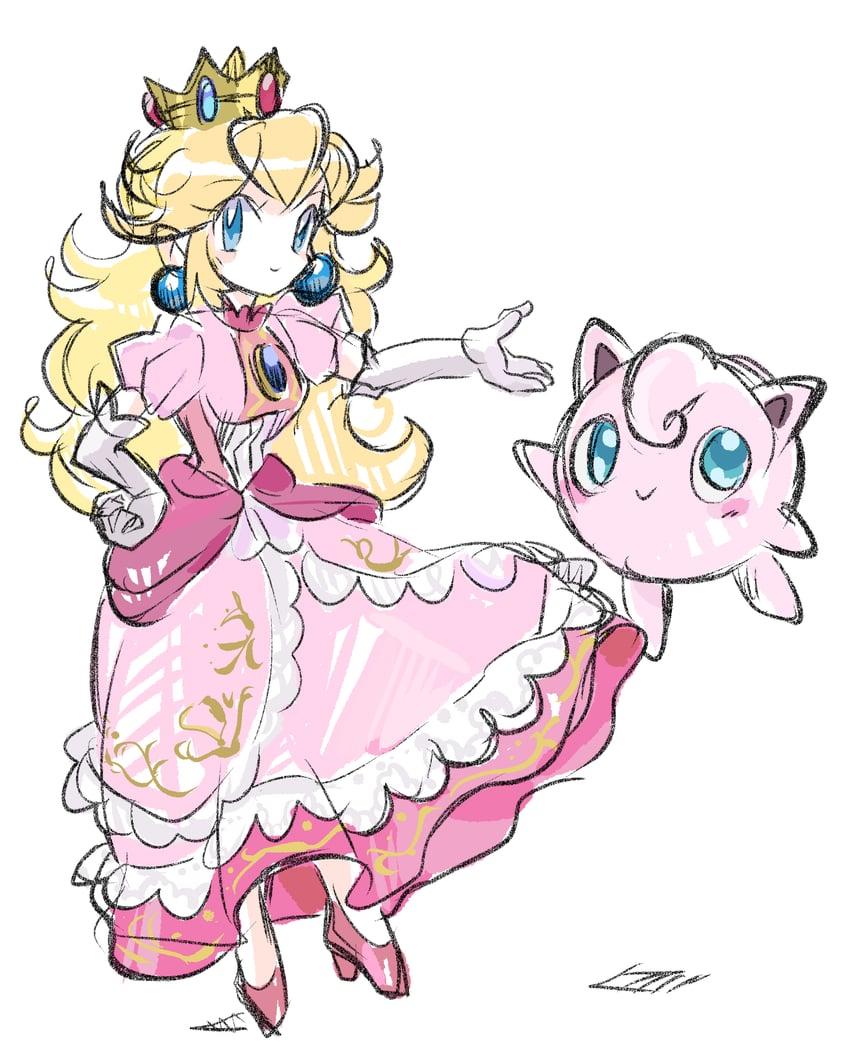 princess peach and jigglypuff (pokemon and 2 more) drawn by rakugaki_shitagari-ya