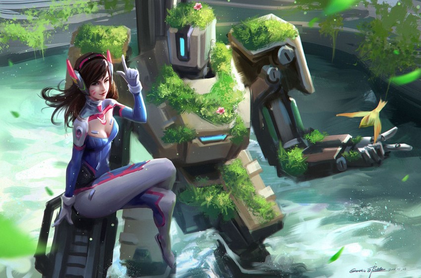d.va, bastion, ganymede, and overgrown bastion (overwatch and 1 more) drawn by qichao_wang