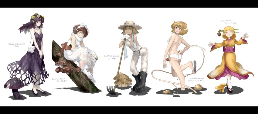 lentinula edodes, rhizopogon roseolus, suillus bovinus, lyophyllum decastes, and boletus violaceofuscus (oso-teki kinoko gijinka zukan) drawn by oso_(toolate)