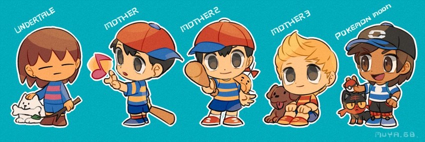 frisk, elio, ness, litten, lucas, and 4 more (pokemon and 6 more) drawn by skyloop19