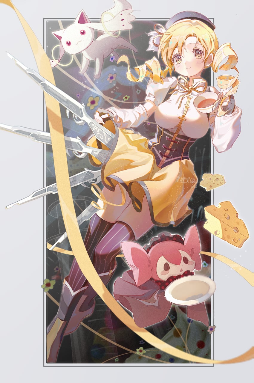 tomoe mami, kyubey, and charlotte (mahou shoujo madoka magica) drawn by shatang_wei_xing_cheng