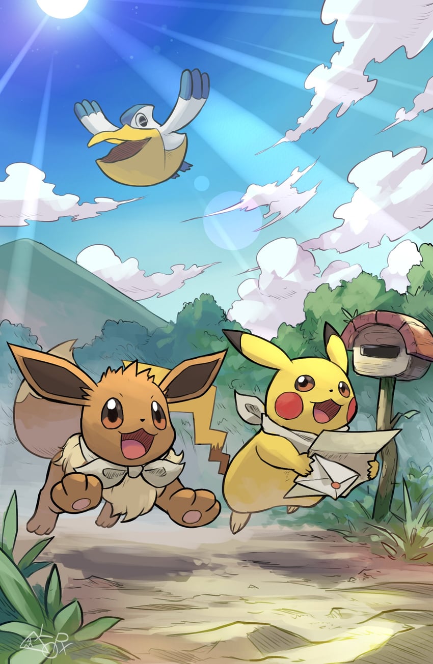 pikachu, eevee, and pelipper (pokemon and 1 more) drawn by yamaori_(hakkentai_pokedan)